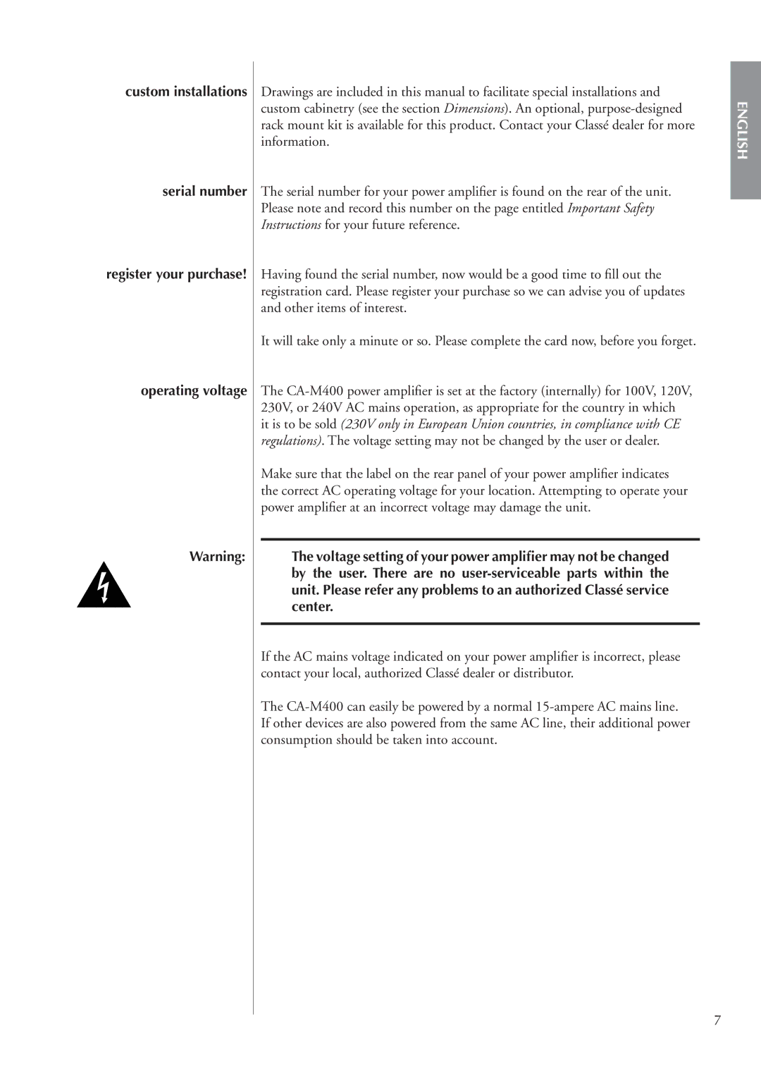 Classe Audio CA-M400 owner manual Custom installations Serial number, Operating voltage 