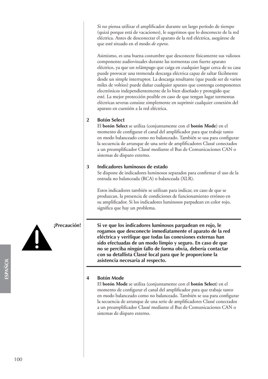 Classe Audio CA-M400 owner manual 100, ¡Precaución, Botón Select, Indicadores luminosos de estado, Botón Mode 