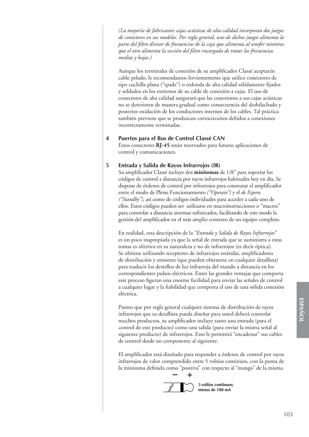 Classe Audio CA-M400 owner manual Puertos para el Bus de Control Classé can, Entrada y Salida de Rayos Infrarrojos IR, 103 