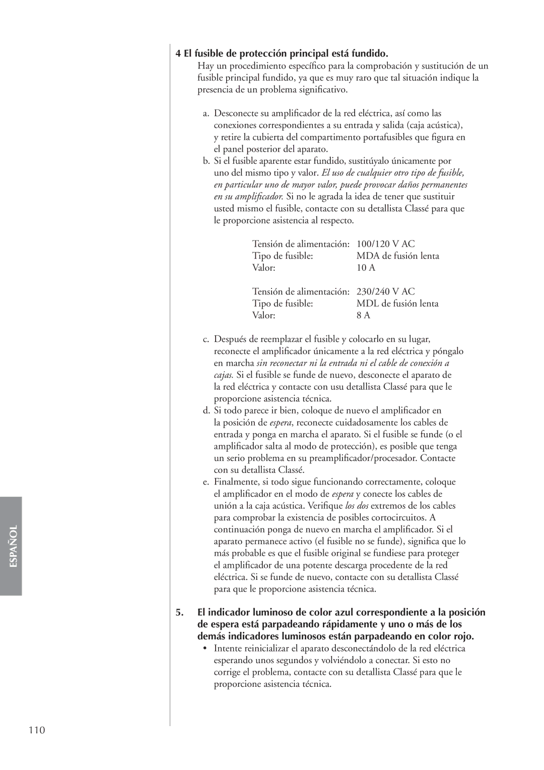 Classe Audio CA-M400 owner manual El fusible de protección principal está fundido 