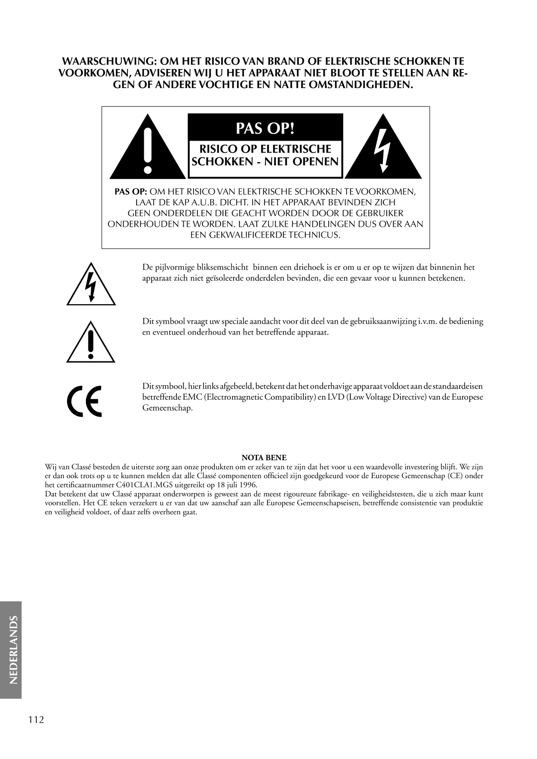 Classe Audio CA-M400 owner manual Pas Op, 112 