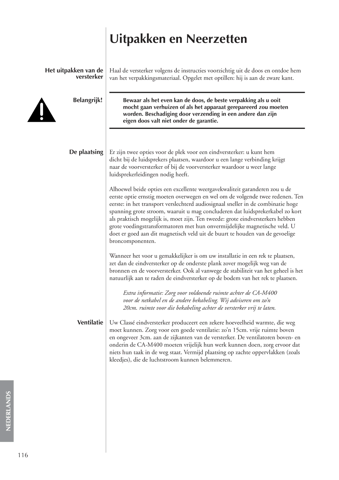 Classe Audio CA-M400 owner manual Uitpakken en Neerzetten, Belangrijk De plaatsing Ventilatie, 116 