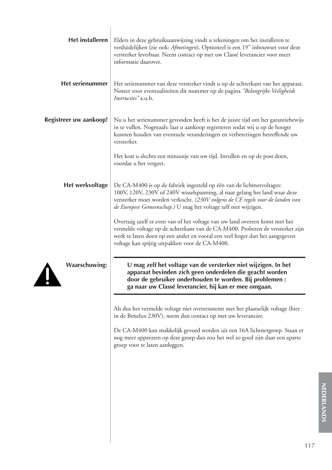 Classe Audio CA-M400 owner manual Het installeren Het serienummer, Het werkvoltage Waarschuwing, 117 