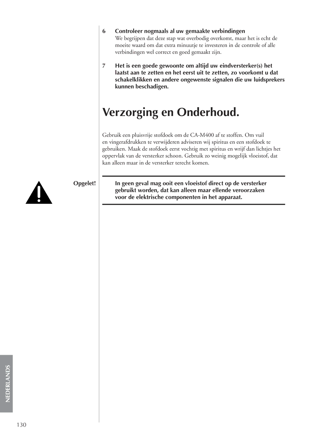 Classe Audio CA-M400 owner manual Verzorging en Onderhoud, 130, Controleer nogmaals al uw gemaakte verbindingen 