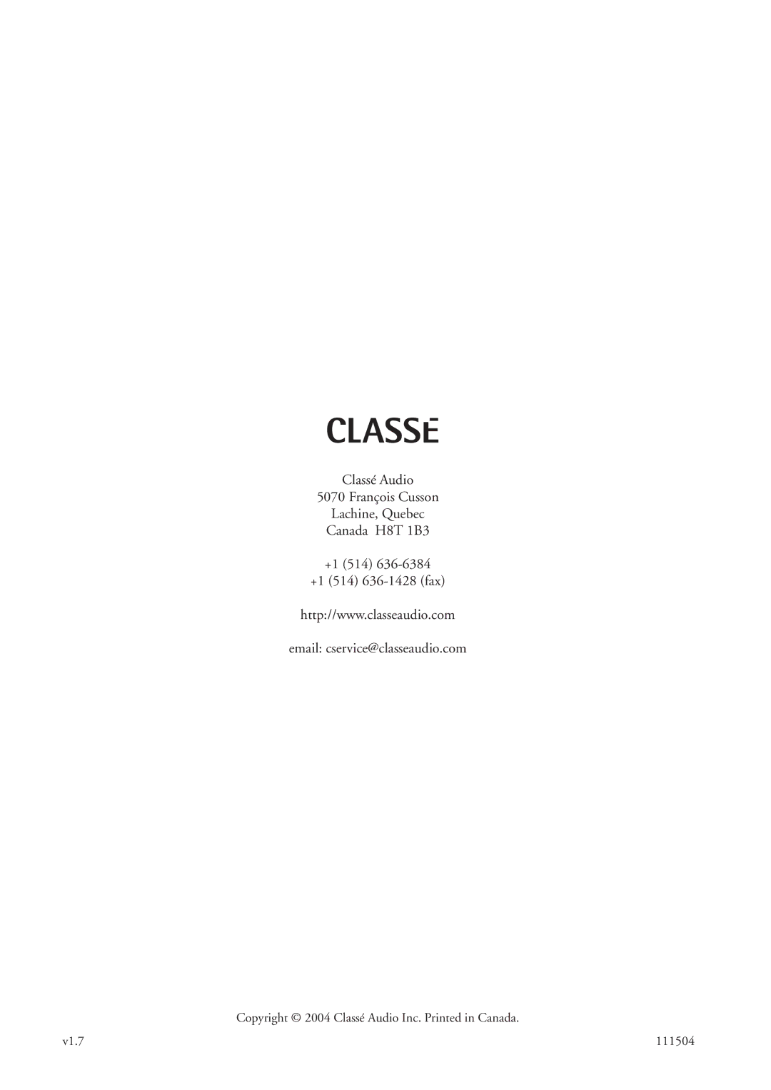 Classe Audio CA-M400 owner manual V1.7 111504 