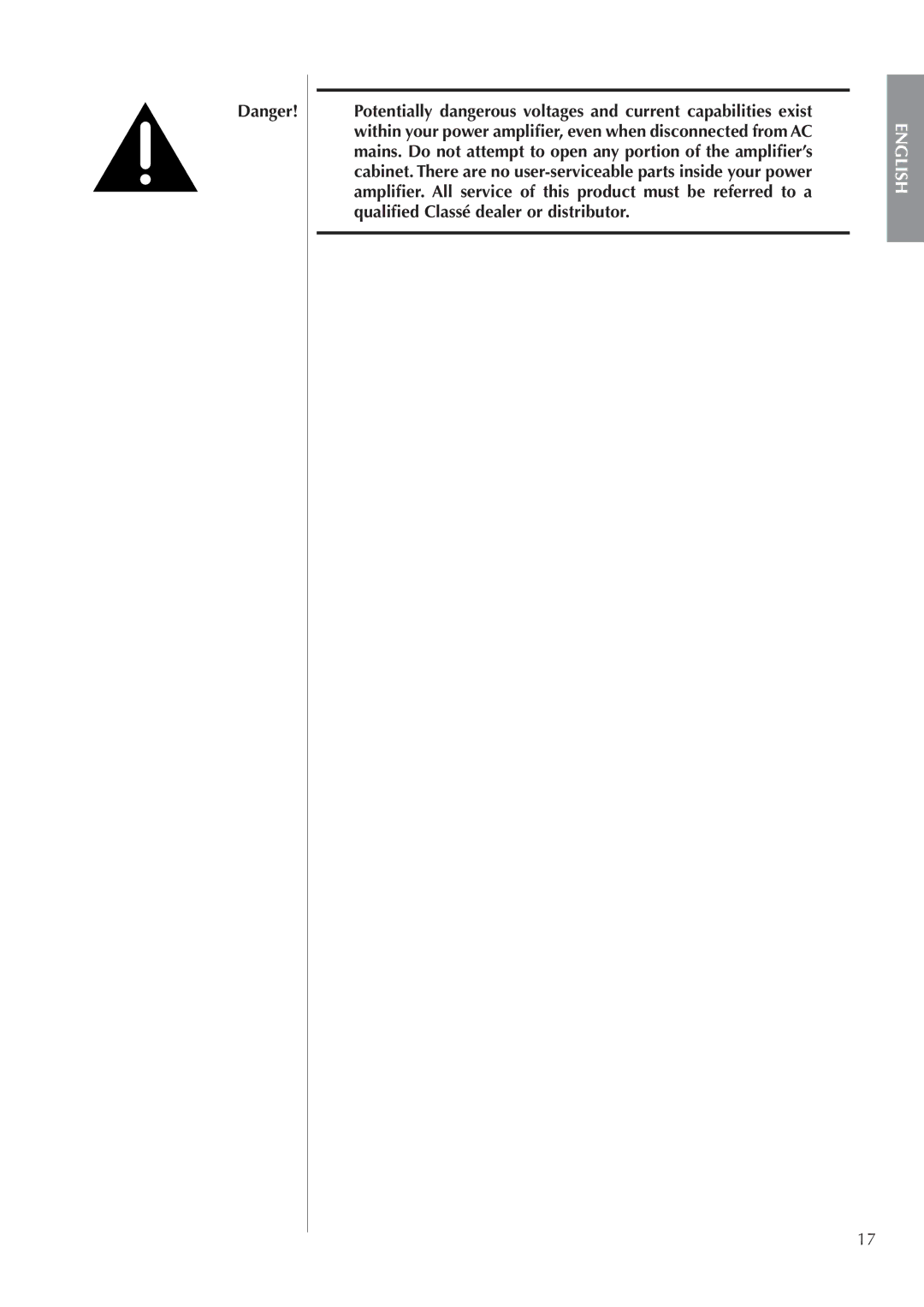 Classe Audio CA-M400 owner manual Mains. Do not attempt to open any portion of the ampliﬁer’s 