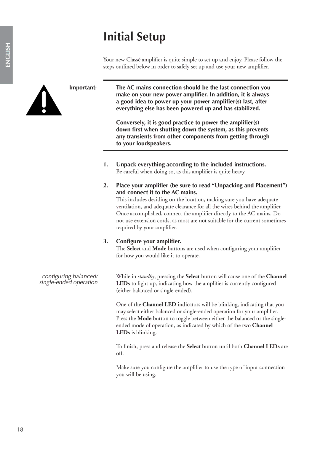 Classe Audio CA-M400 owner manual Initial Setup, Conﬁgure your ampliﬁer 