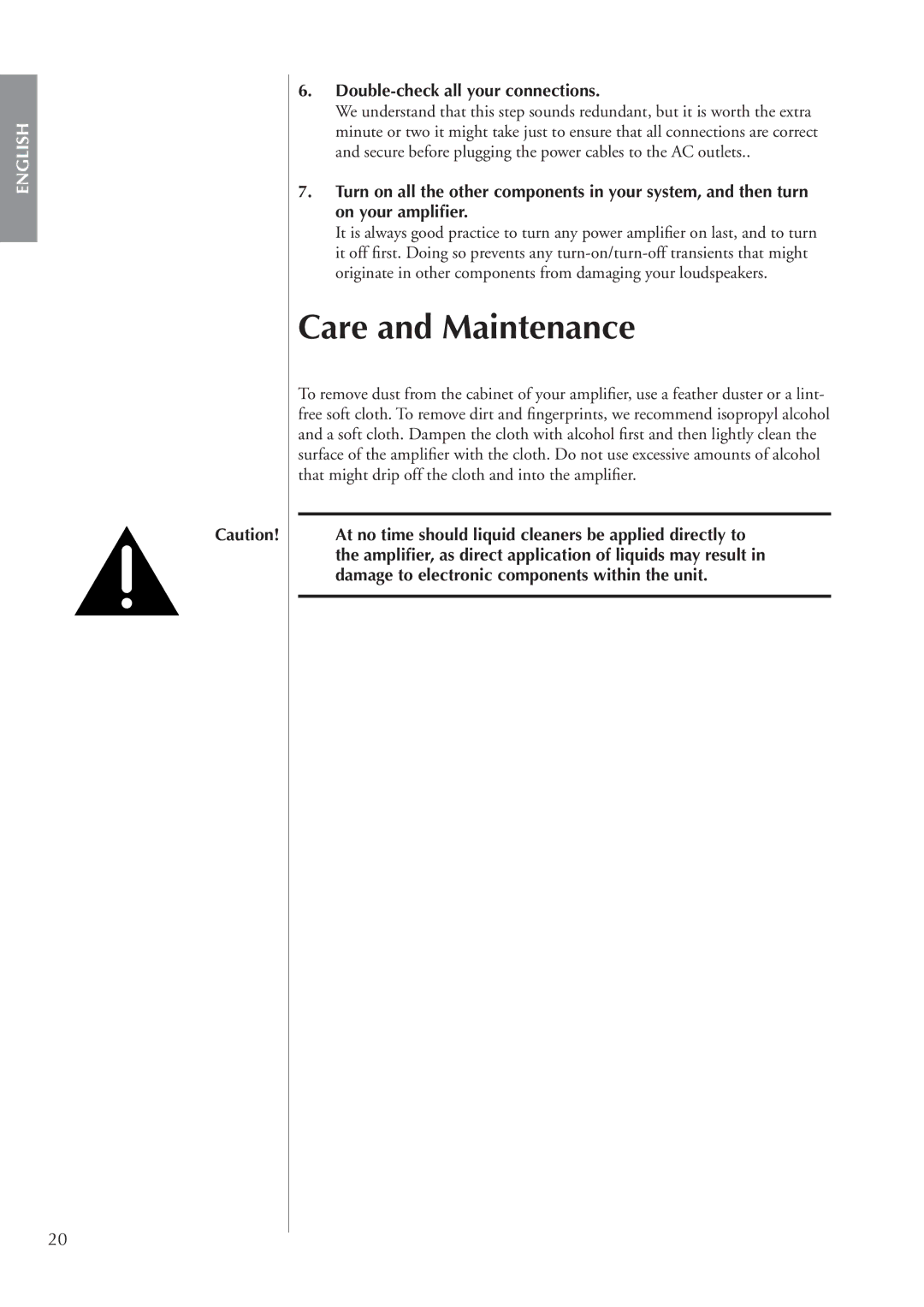 Classe Audio CA-M400 owner manual Care and Maintenance, Double-check all your connections 