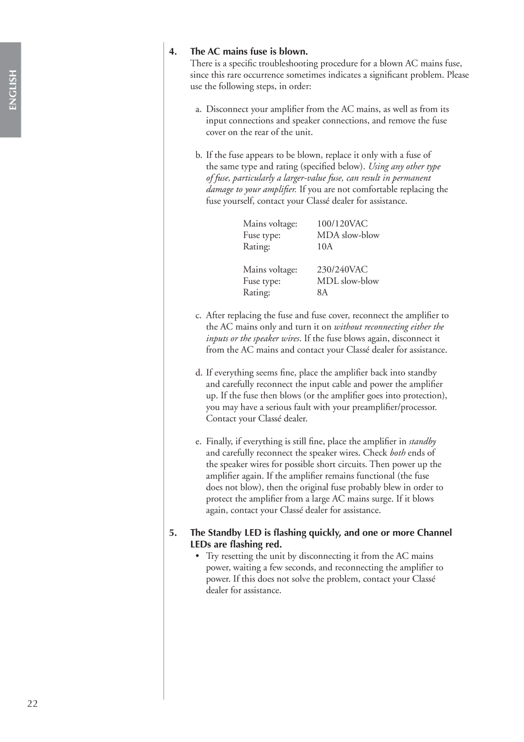 Classe Audio CA-M400 owner manual AC mains fuse is blown 