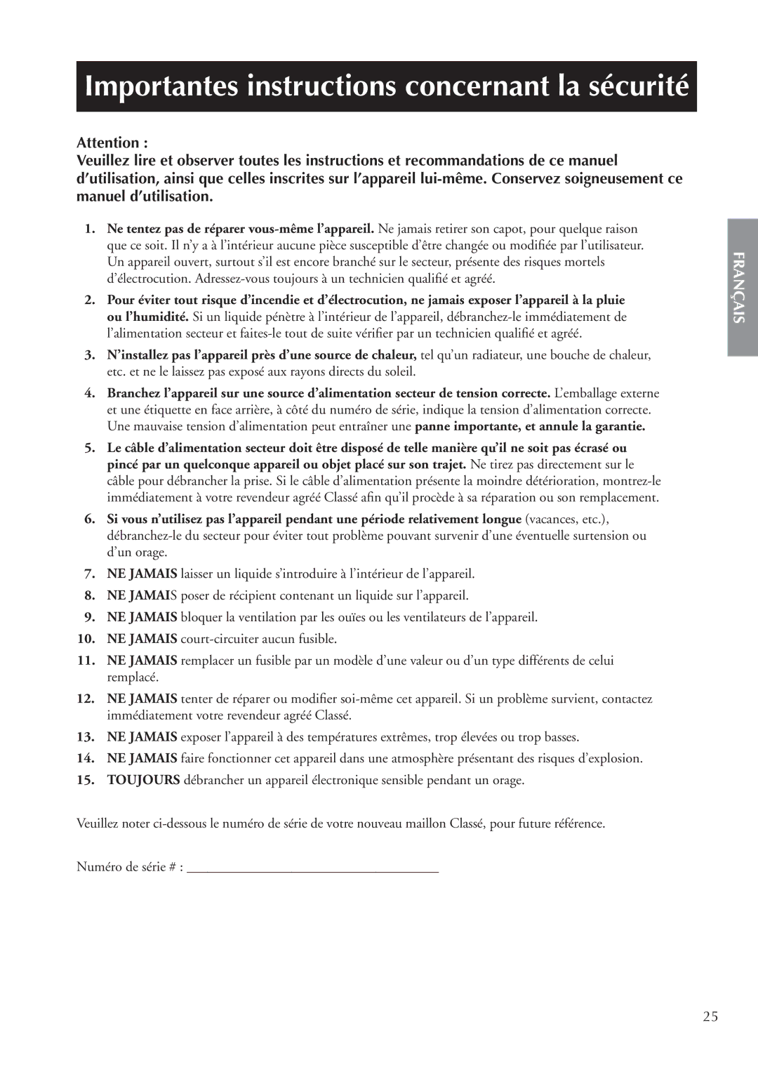 Classe Audio CA-M400 owner manual Importantes instructions concernant la sécurité 