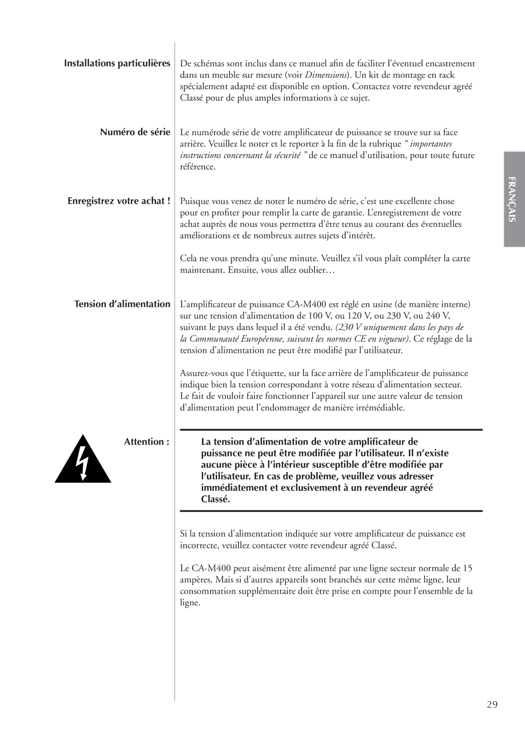 Classe Audio CA-M400 owner manual Numéro de série, Tension d’alimentation 