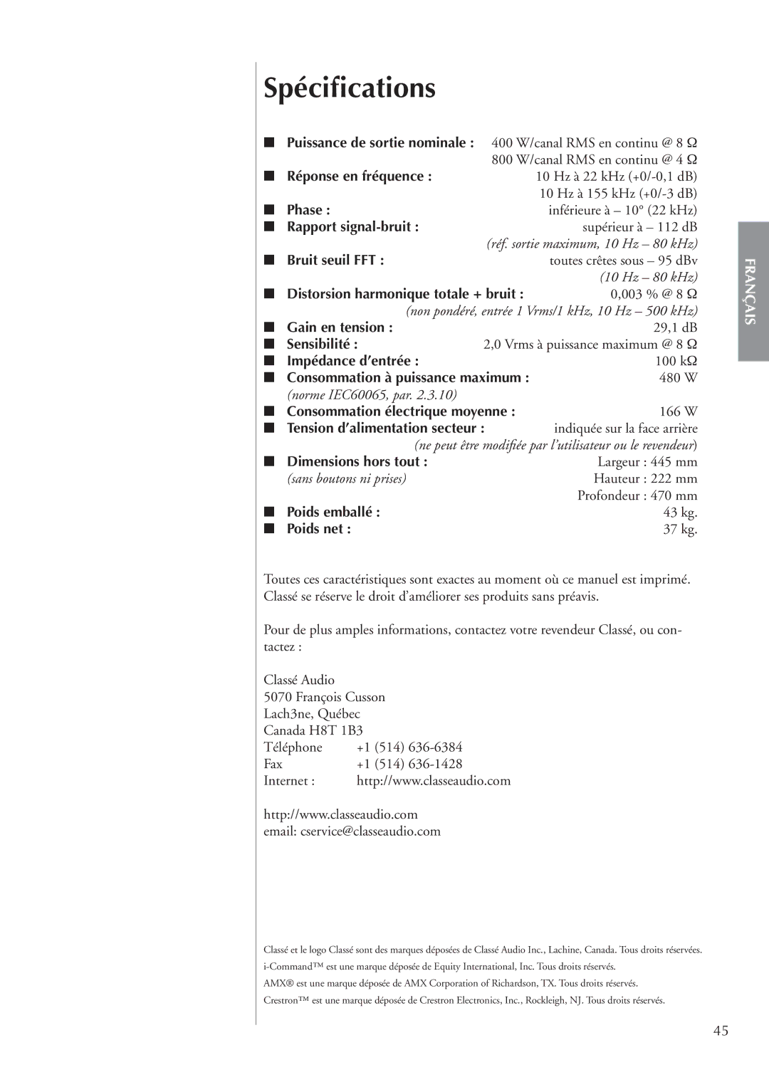 Classe Audio CA-M400 owner manual Spéciﬁcations 