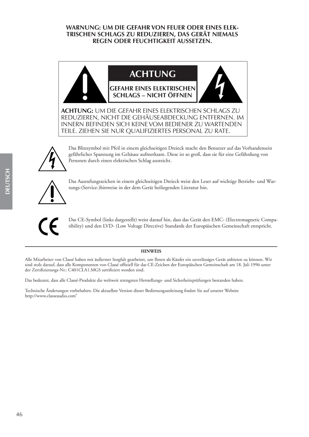 Classe Audio CA-M400 owner manual Achtung 