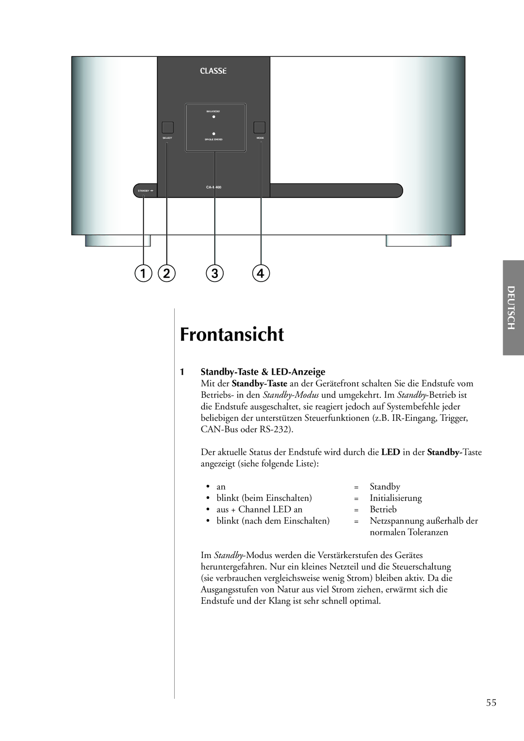 Classe Audio CA-M400 owner manual Frontansicht, Standby-Taste & LED-Anzeige, Normalen Toleranzen 