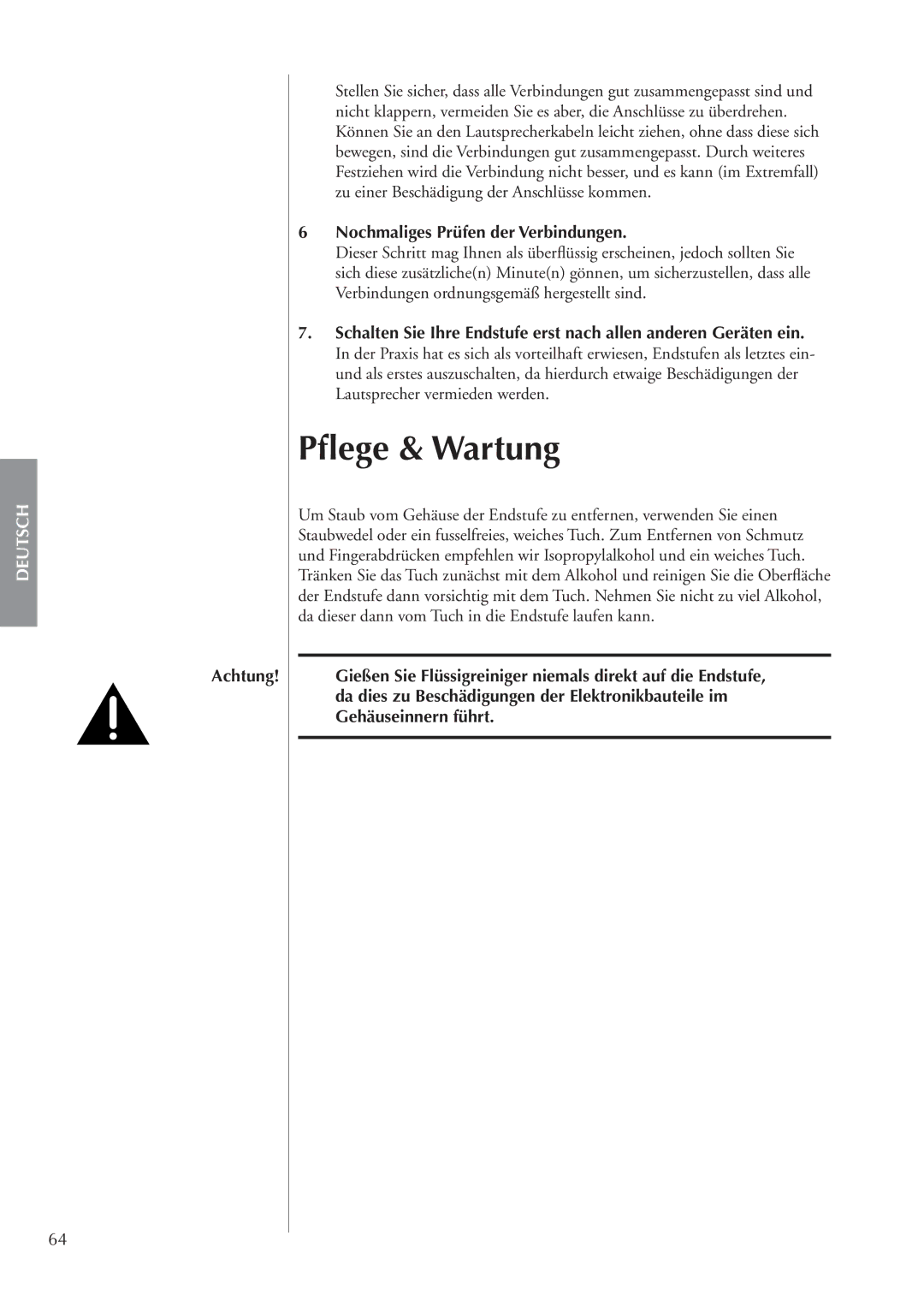 Classe Audio CA-M400 owner manual Pﬂege & Wartung, Nochmaliges Prüfen der Verbindungen 