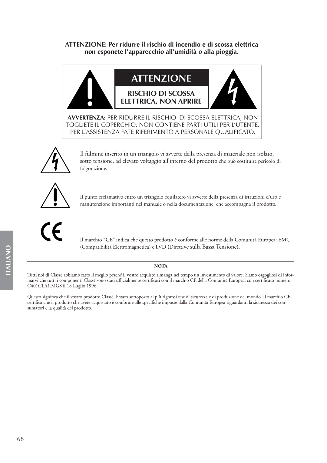 Classe Audio CA-M400 owner manual Attenzione 