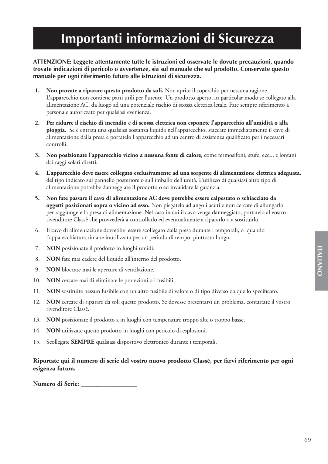 Classe Audio CA-M400 owner manual Importanti informazioni di Sicurezza 