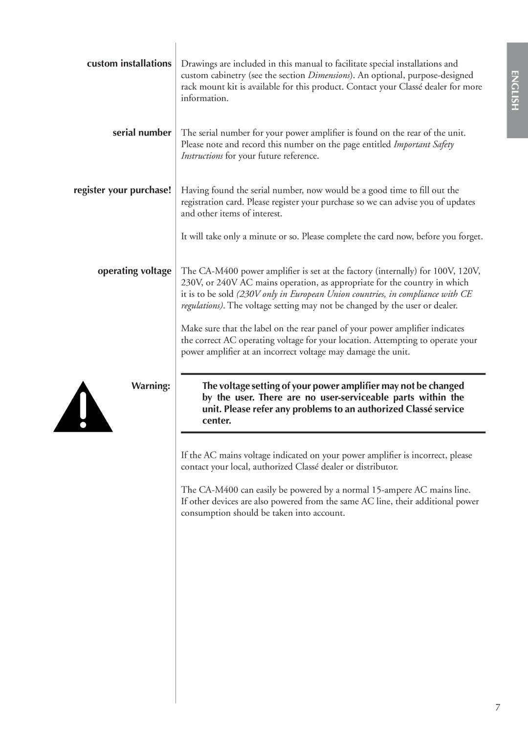 Classe Audio CA-M400 owner manual Custom installations Serial number, Operating voltage 