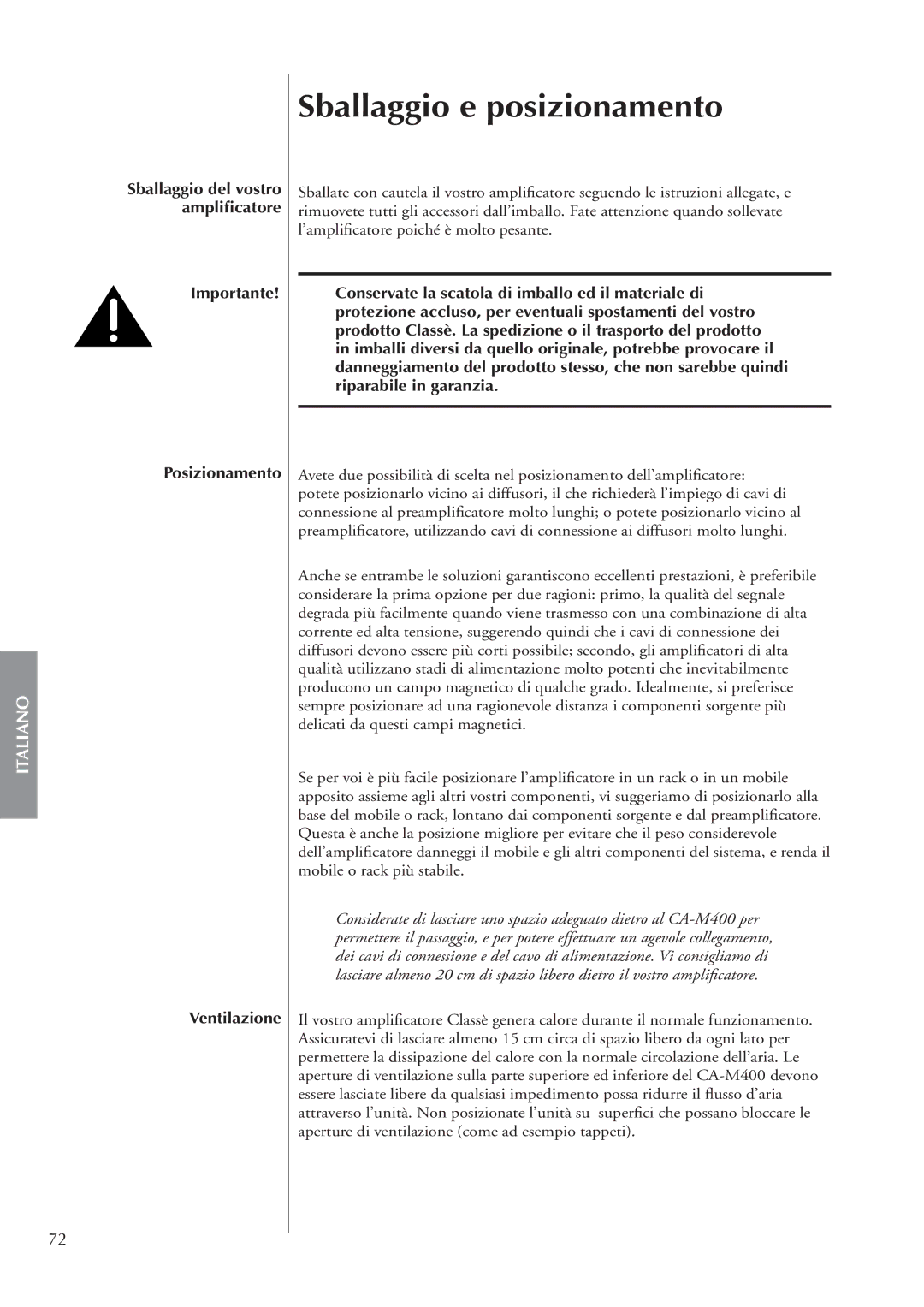 Classe Audio CA-M400 owner manual Sballaggio e posizionamento 