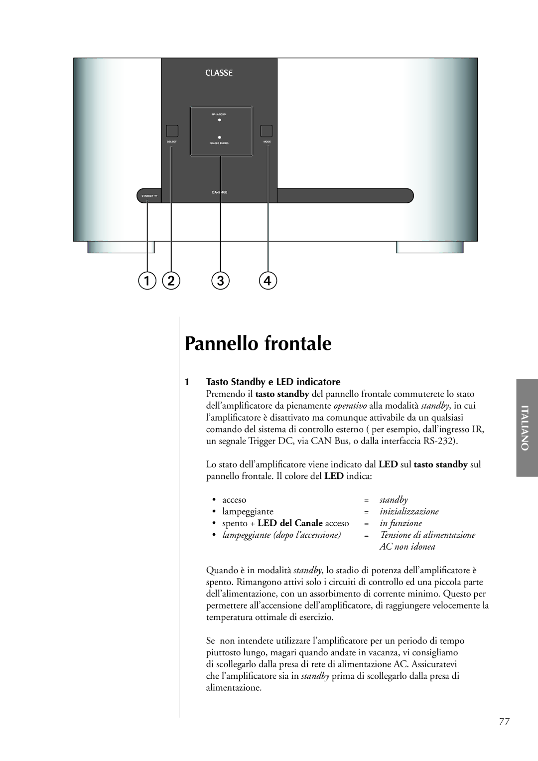 Classe Audio CA-M400 owner manual Pannello frontale, Tasto Standby e LED indicatore 