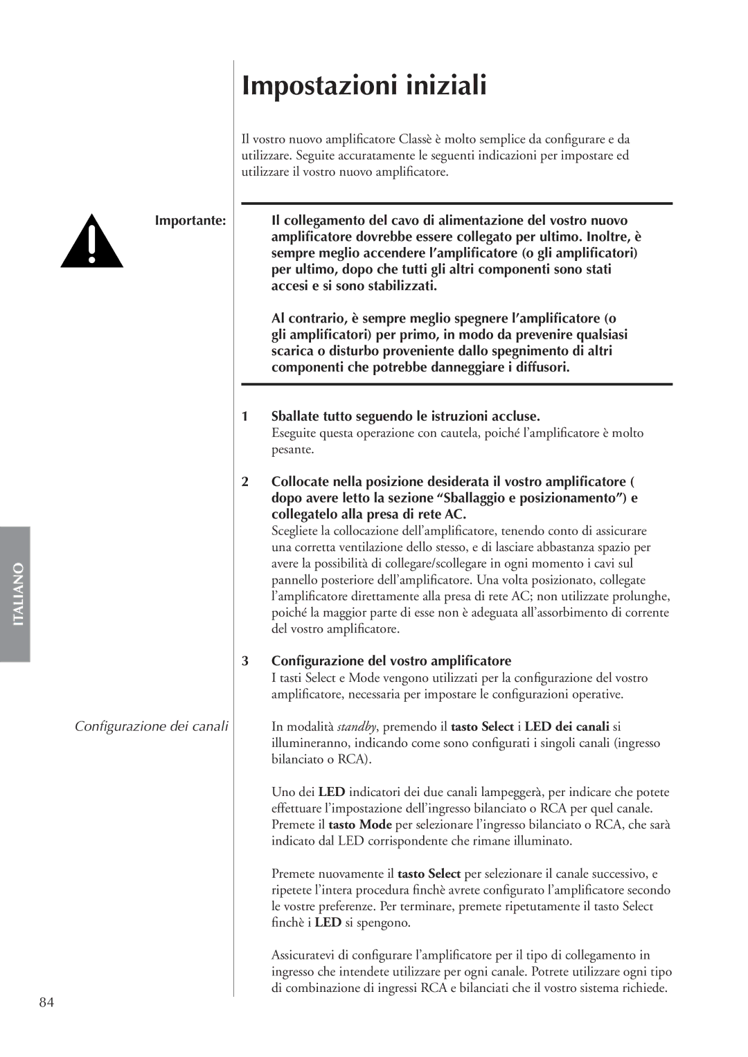 Classe Audio CA-M400 owner manual Impostazioni iniziali, Importante, Sballate tutto seguendo le istruzioni accluse 