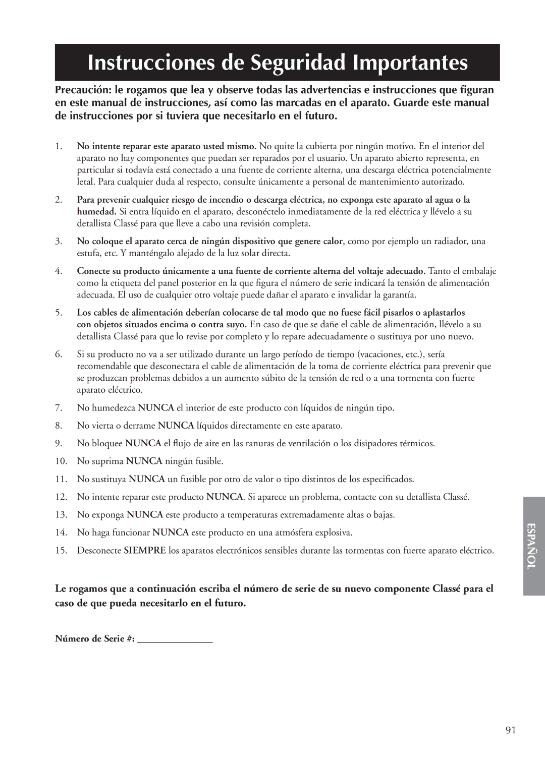 Classe Audio CA-M400 owner manual Instrucciones de Seguridad Importantes, Número de Serie # 