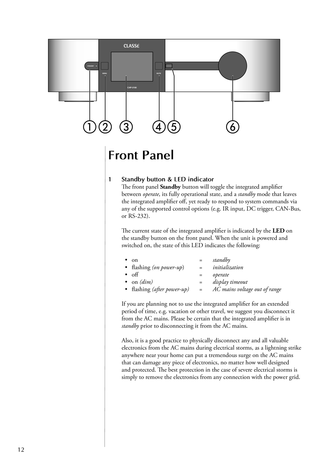 Classe Audio CAP-2100 owner manual Front Panel, Standby button & LED indicator 