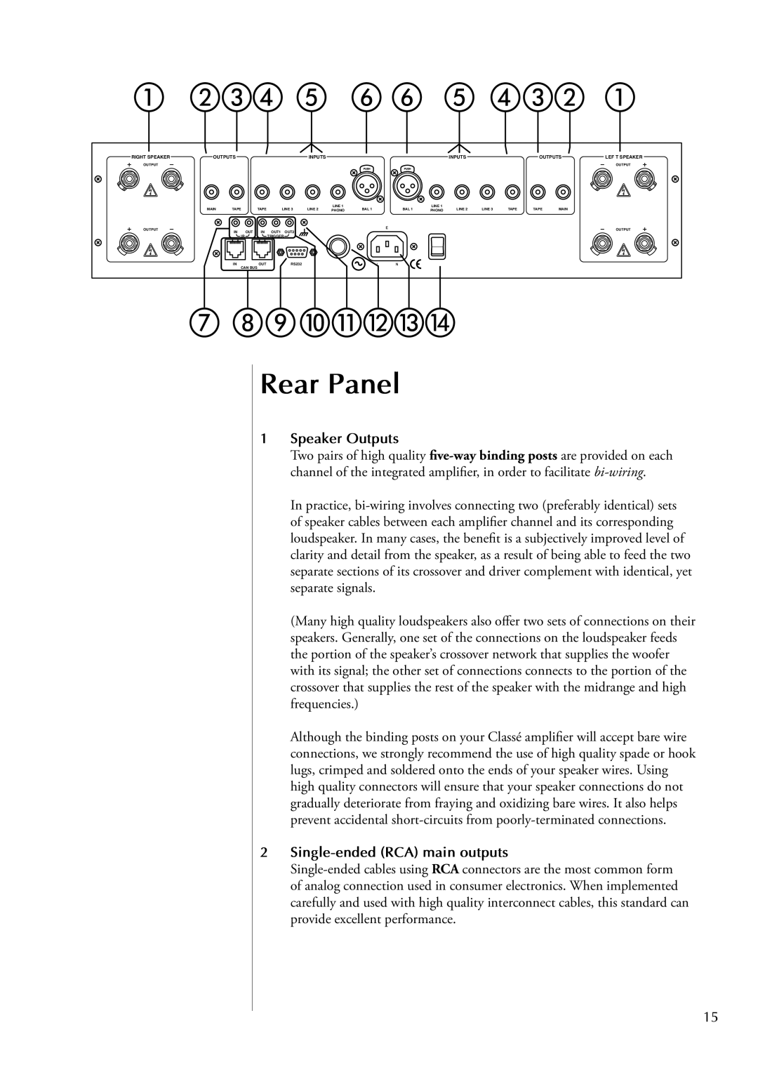 Classe Audio CAP-2100 owner manual Rear Panel, Speaker Outputs, Single-ended RCA main outputs 