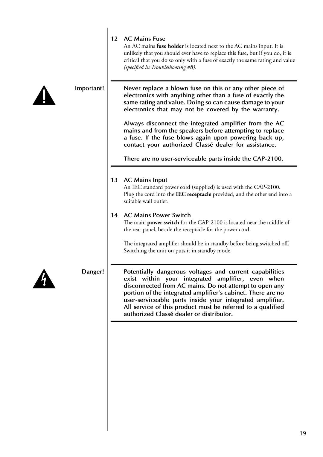 Classe Audio CAP-2100 owner manual AC Mains Fuse, AC Mains Power Switch 