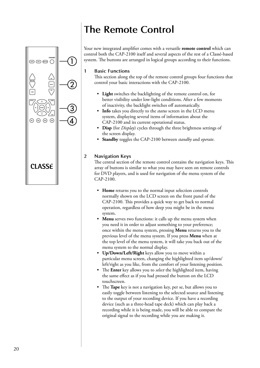 Classe Audio CAP-2100 owner manual Remote Control, Basic Functions, Navigation Keys 