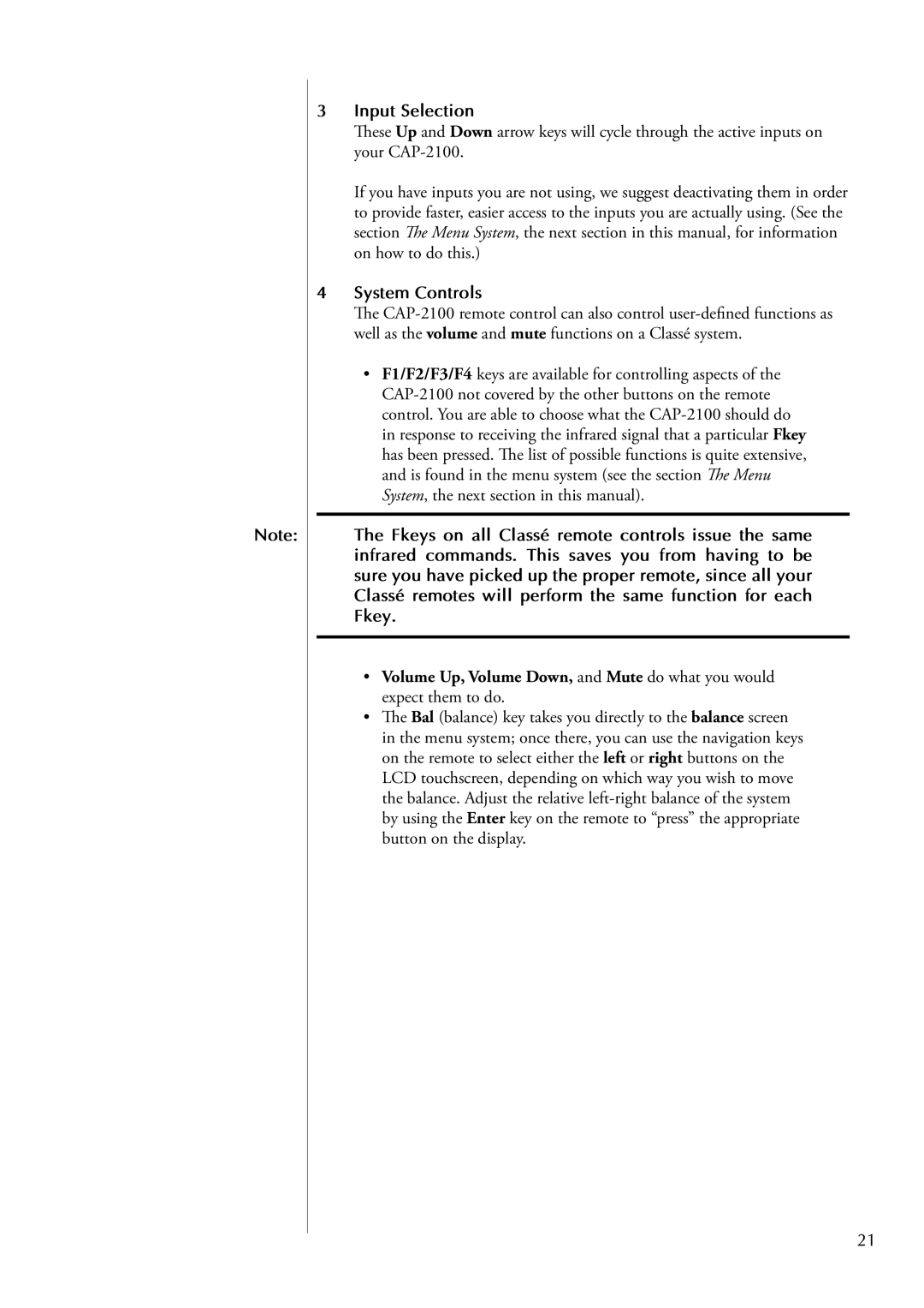 Classe Audio CAP-2100 owner manual Input Selection, System Controls 