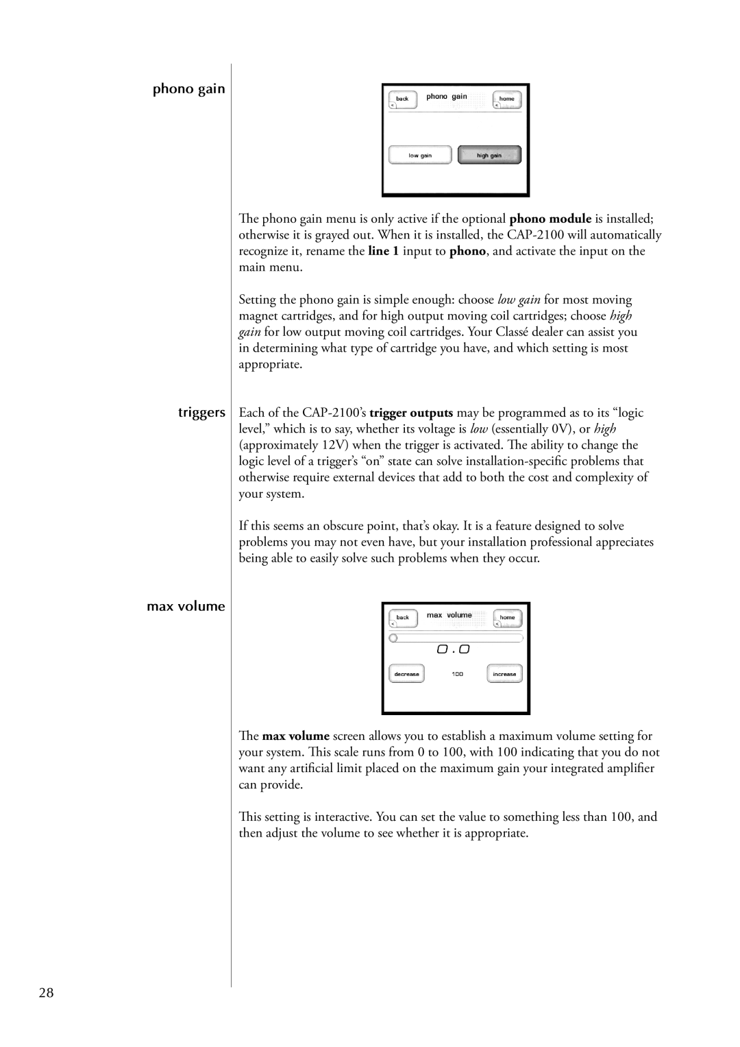 Classe Audio CAP-2100 owner manual Phono gain Triggers Max volume 