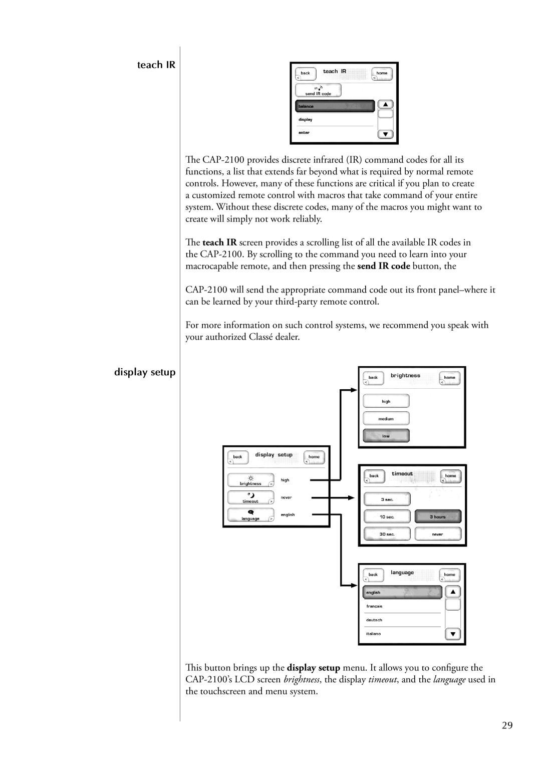 Classe Audio CAP-2100 owner manual Teach IR Display setup 