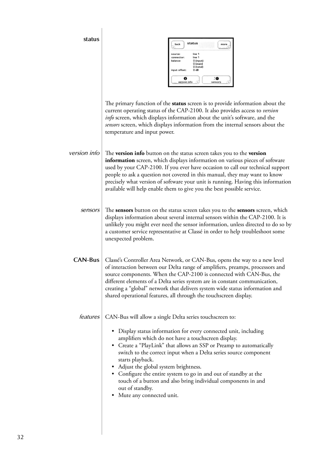 Classe Audio CAP-2100 owner manual Status, Version info Sensors, CAN-Bus, Features 