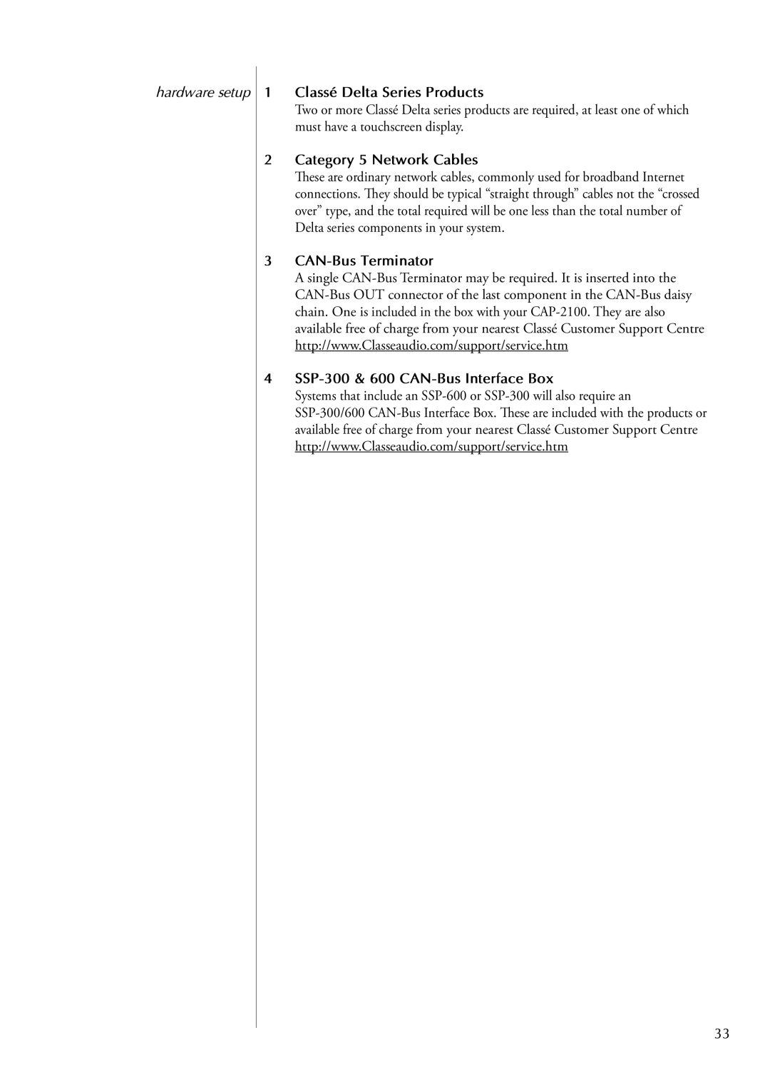 Classe Audio CAP-2100 owner manual Hardware setup, Classé Delta Series Products, Category 5 Network Cables 