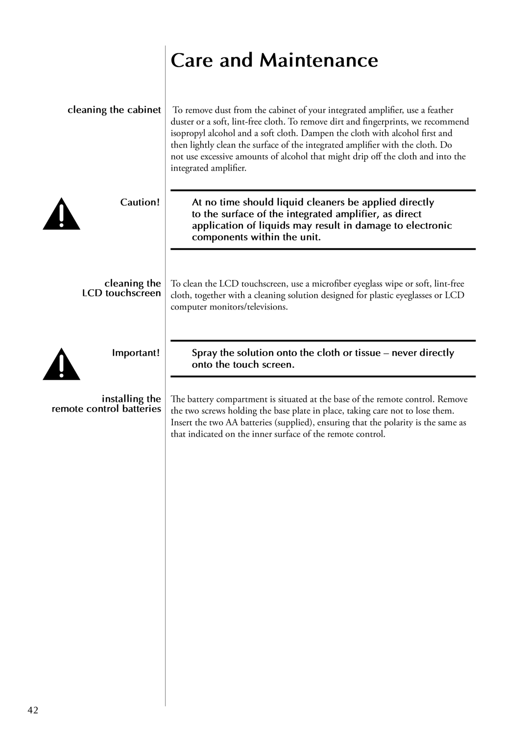 Classe Audio CAP-2100 owner manual Care and Maintenance, Cleaning the cabinet 