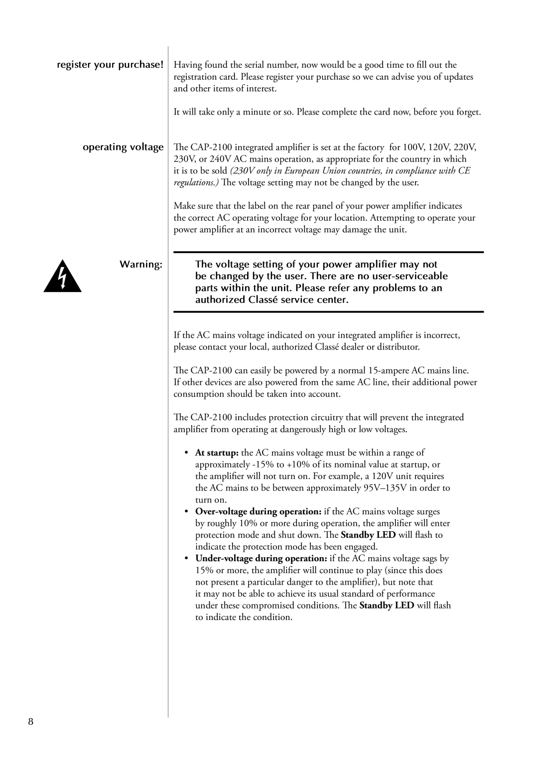 Classe Audio CAP-2100 owner manual Register your purchase Operating voltage 