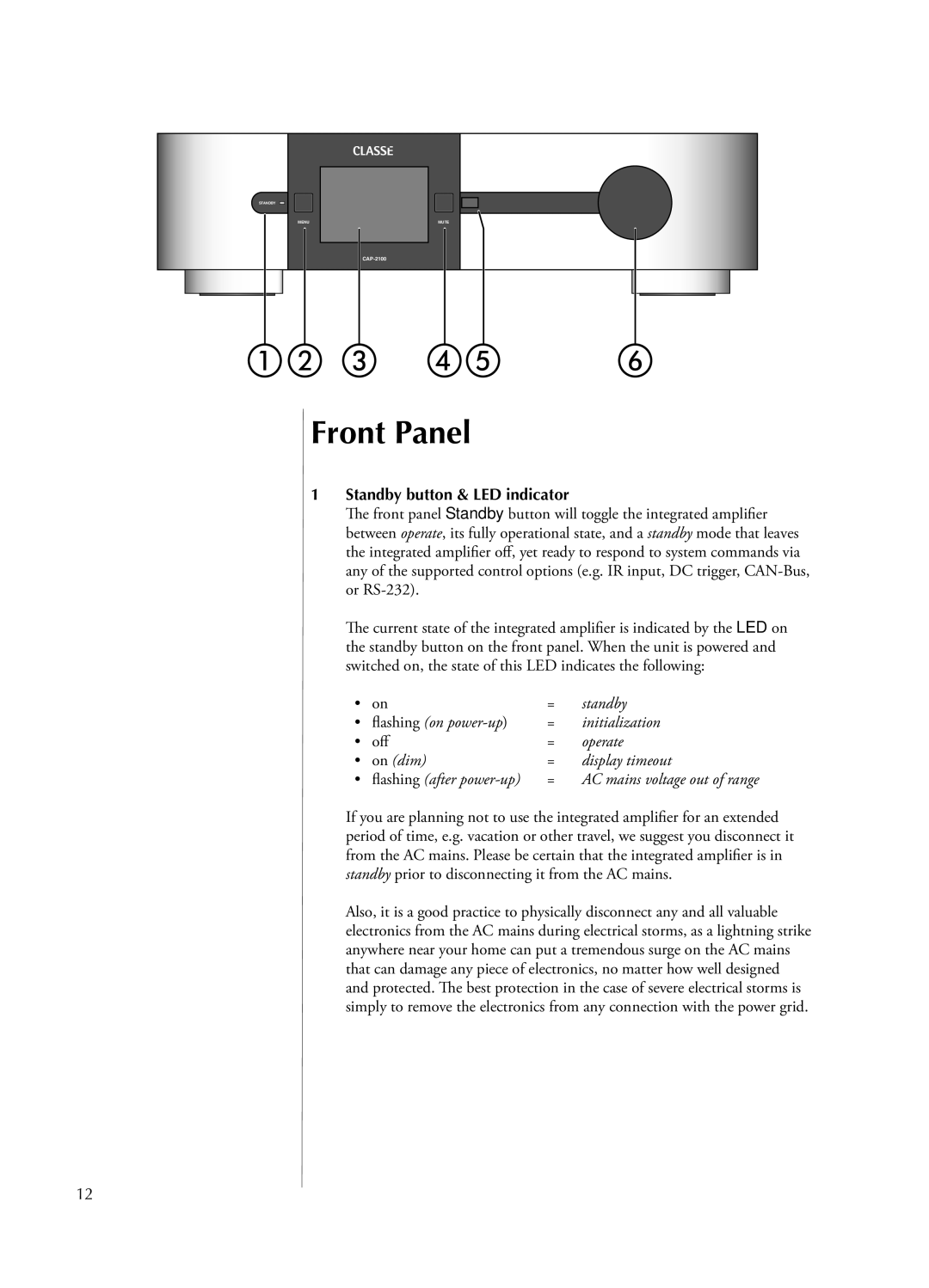 Classe Audio CAP-2100 owner manual Front Panel, Standby button & LED indicator, Off 