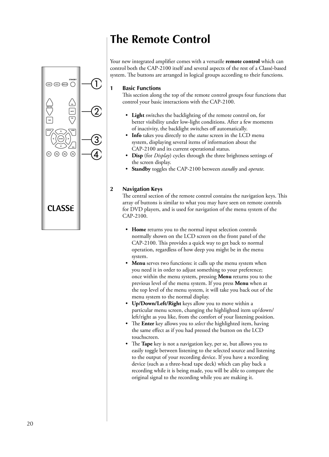 Classe Audio CAP-2100 owner manual Remote Control, Basic Functions, Navigation Keys 