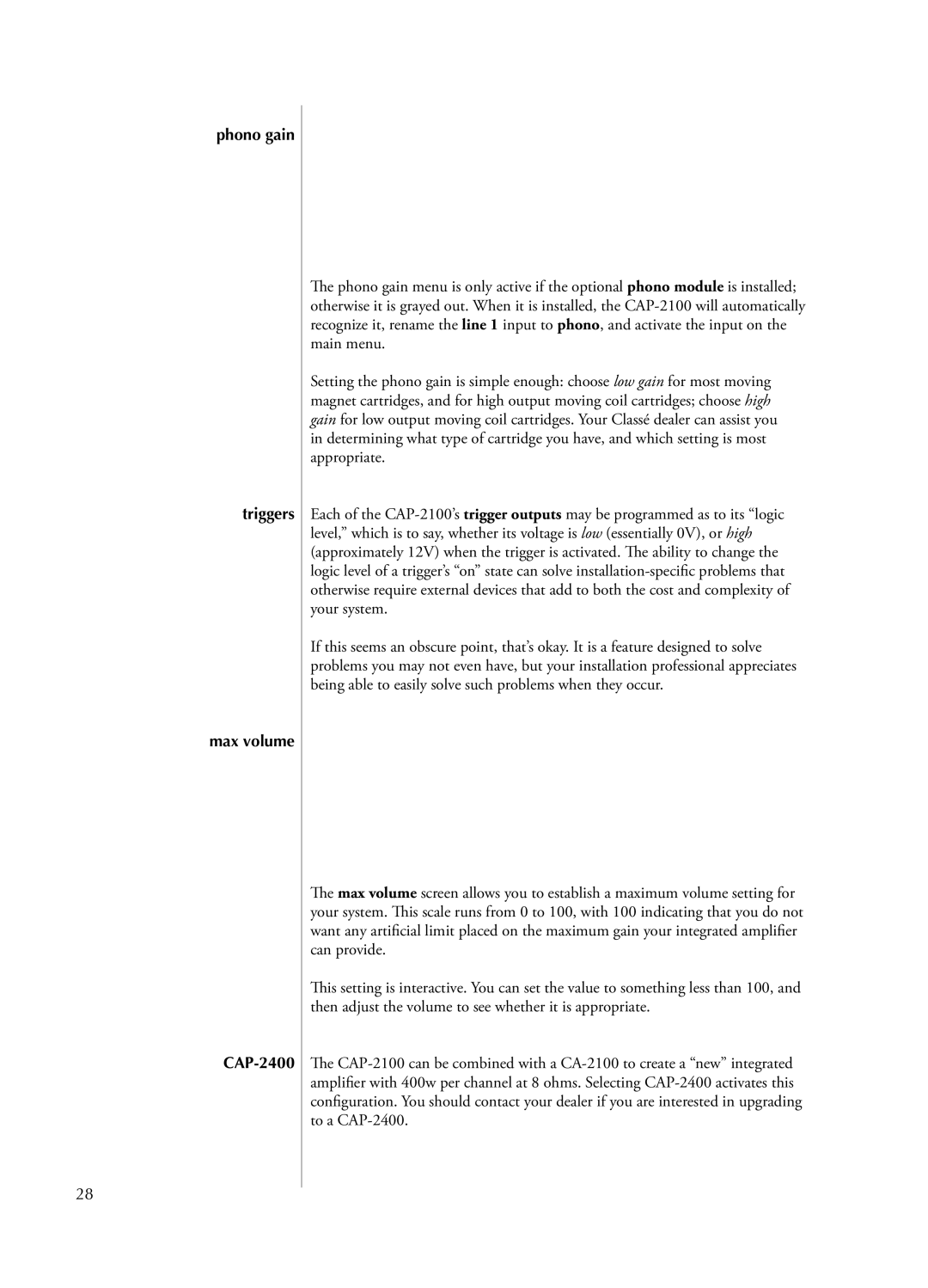 Classe Audio CAP-2100 owner manual Phono gain Triggers Max volume CAP-2400 