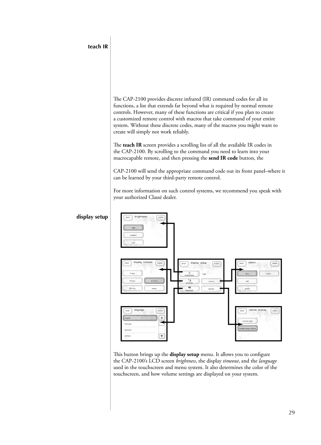 Classe Audio CAP-2100 owner manual Teach IR Display setup 