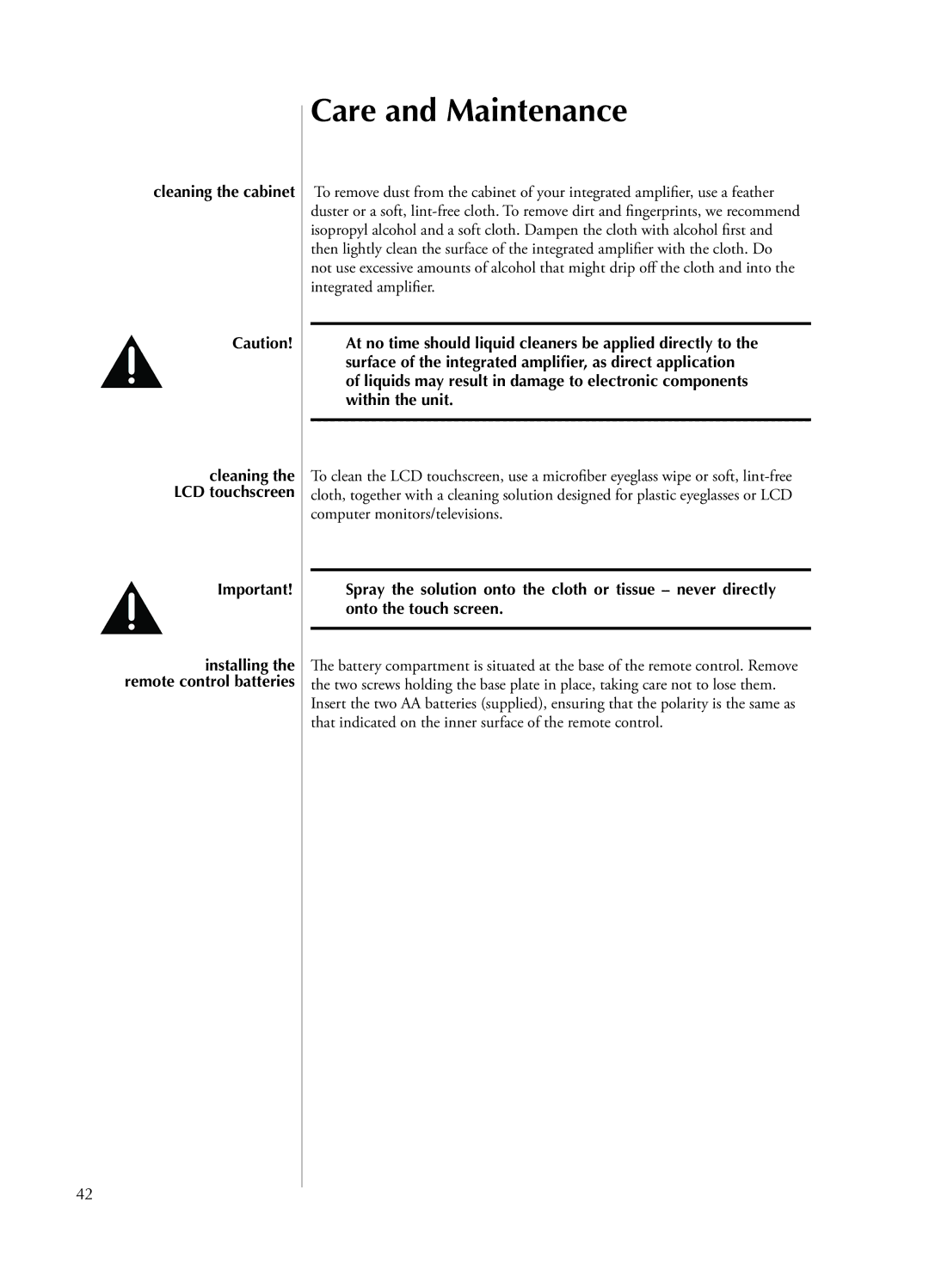 Classe Audio CAP-2100 owner manual Care and Maintenance, Cleaning the cabinet 