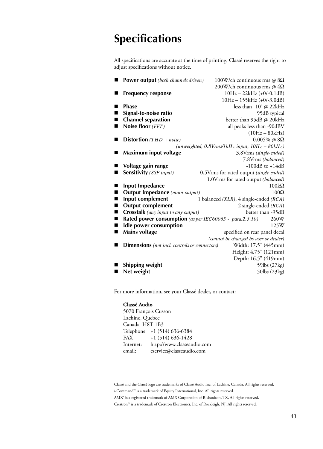 Classe Audio CAP-2100 owner manual Specifications 