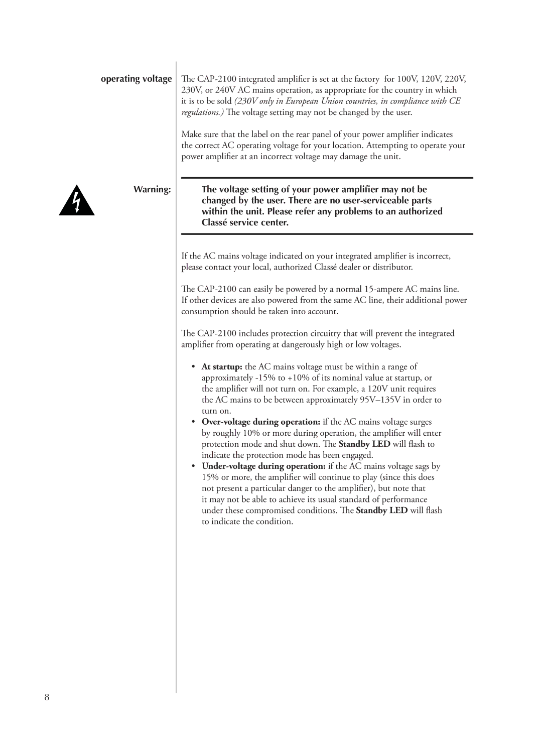 Classe Audio CAP-2100 owner manual Operating voltage 