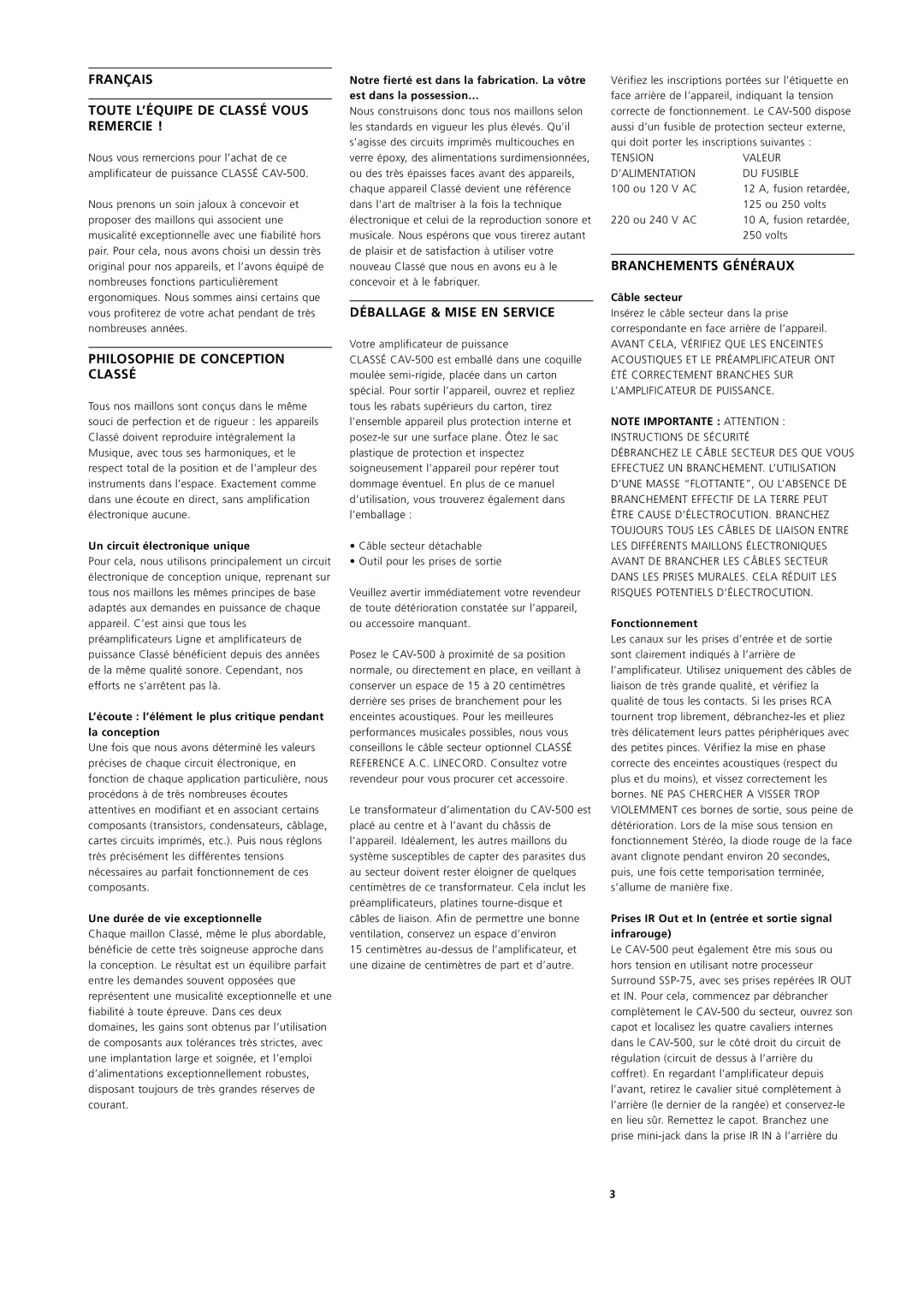 Classe Audio CAV-500 owner manual Français Toute L’ÉQUIPE DE Classé Vous Remercie, Philosophie DE Conception Classé 