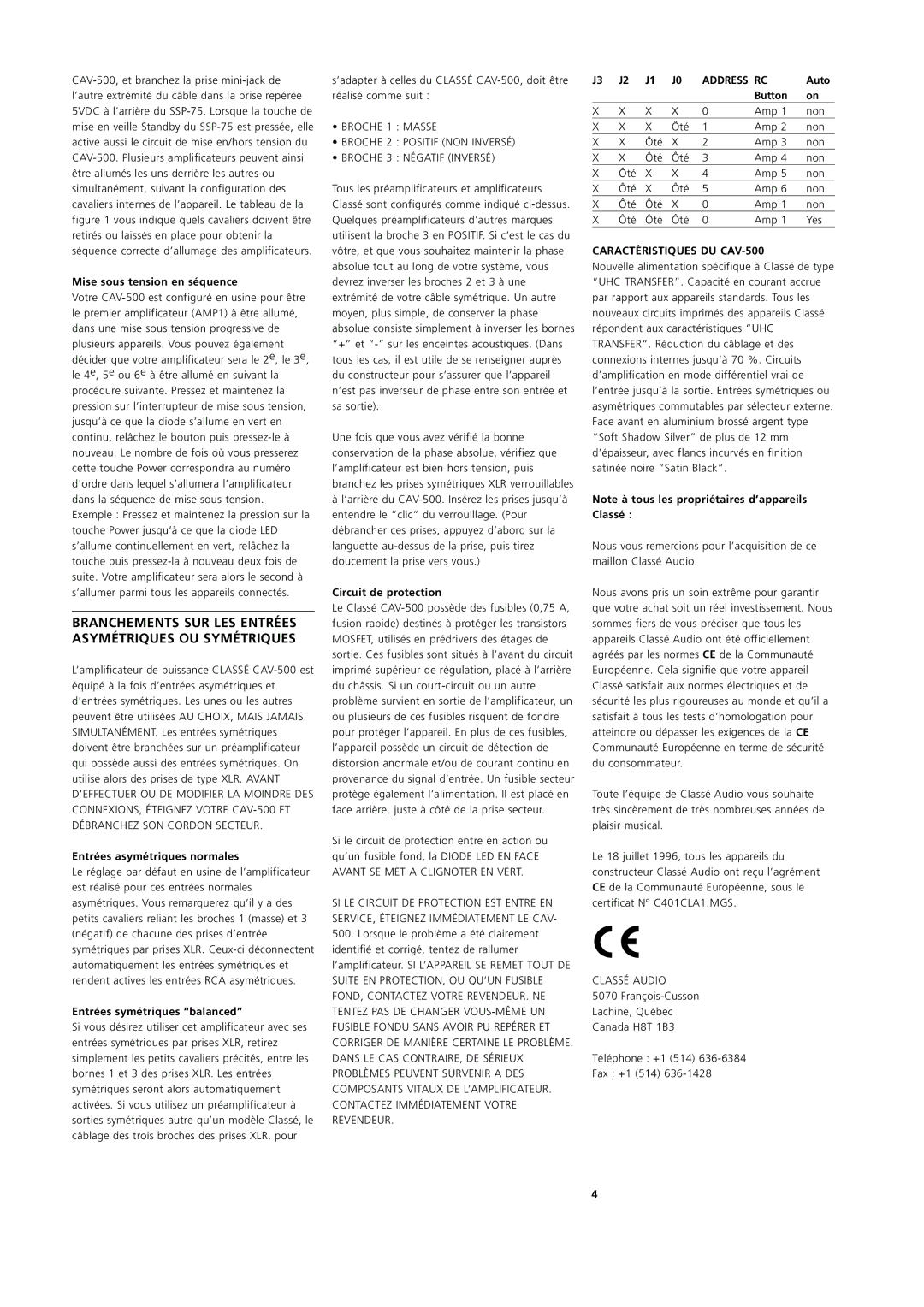 Classe Audio owner manual Branchements SUR LES Entrées Asymétriques OU Symétriques, Address, Caractéristiques DU CAV-500 