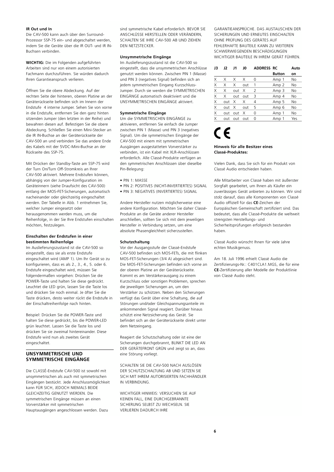 Classe Audio CAV-500 owner manual Unsymmetrische UND Symmetrische Eingänge 