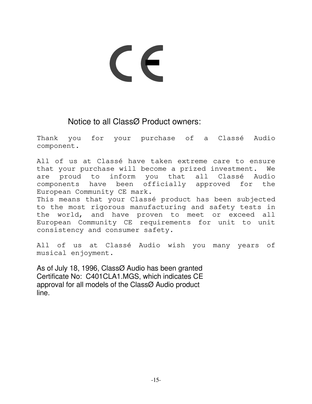 Classe Audio CAV-75 owner manual 