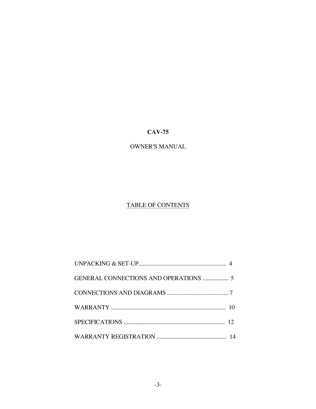 Classe Audio CAV-75 owner manual Table of Contents 