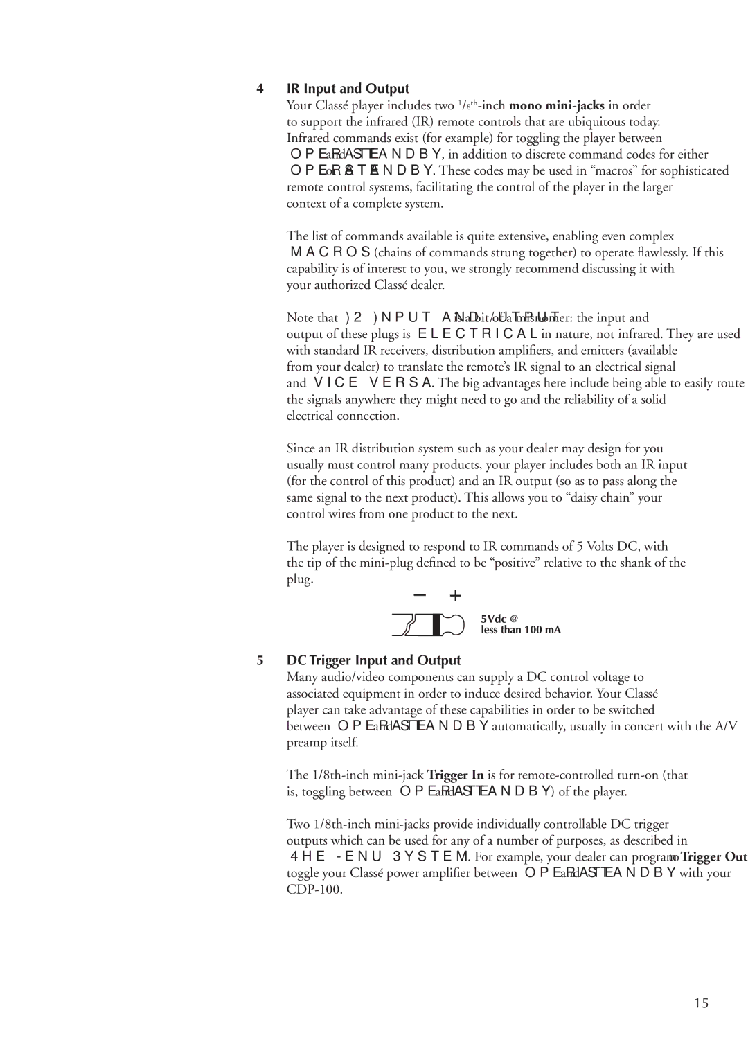 Classe Audio CDP-100 owner manual IR Input and Output, DC Trigger Input and Output 